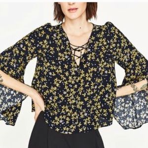 Zara navy floral blouse